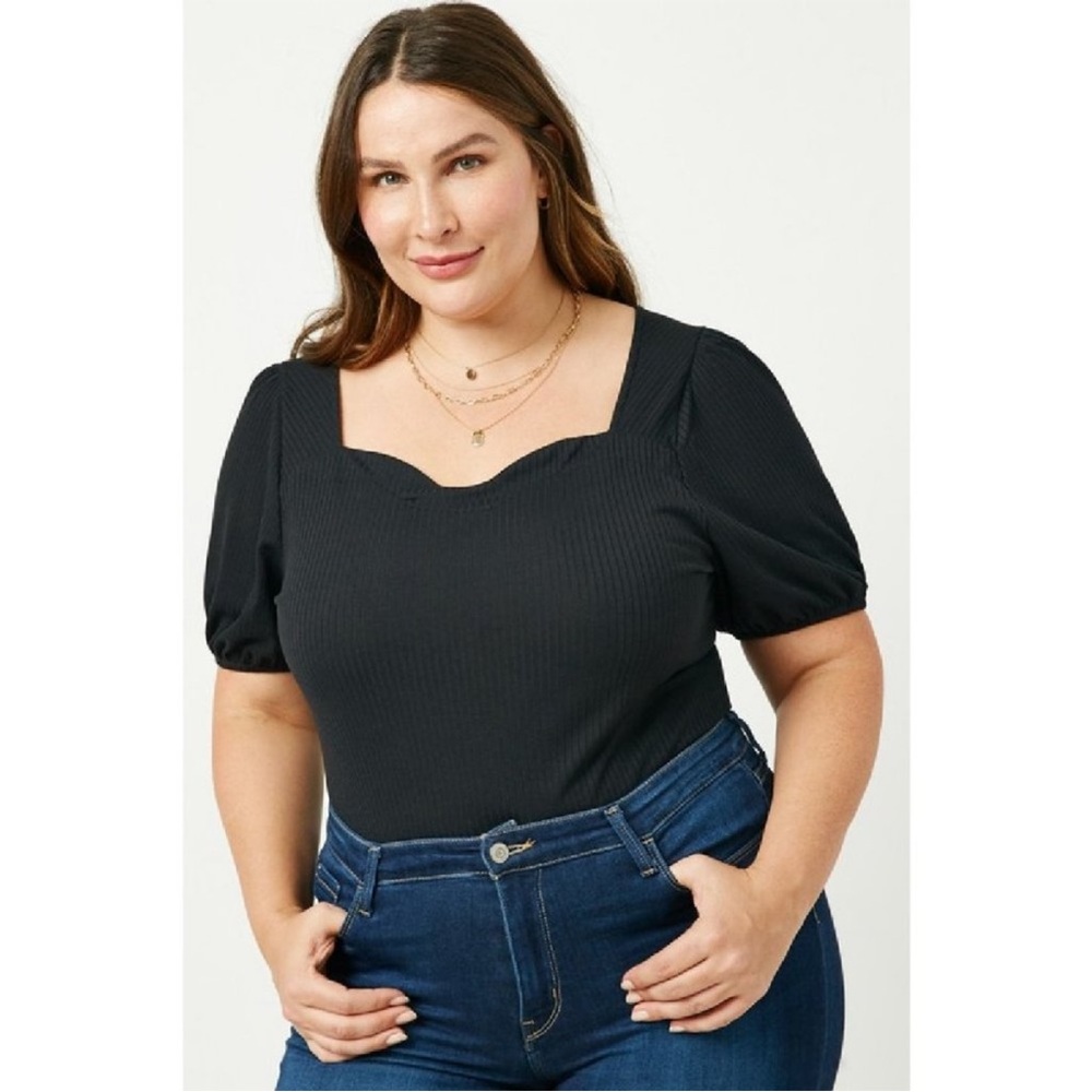 NWT Black Puff Sleeves Ribbed Body Suit w/ Sweetheart
Neckline Plus Size 3x - Picture 3 of 16